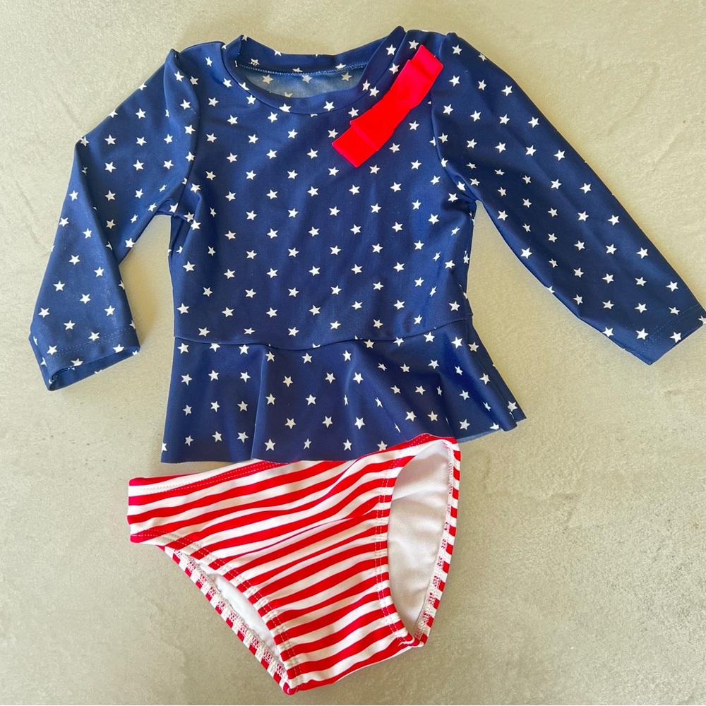 CAT & JACK 4th‎ of July Stars & Stripes Rashgaurd baby swimsuit, 12m - Picture 2 of 7